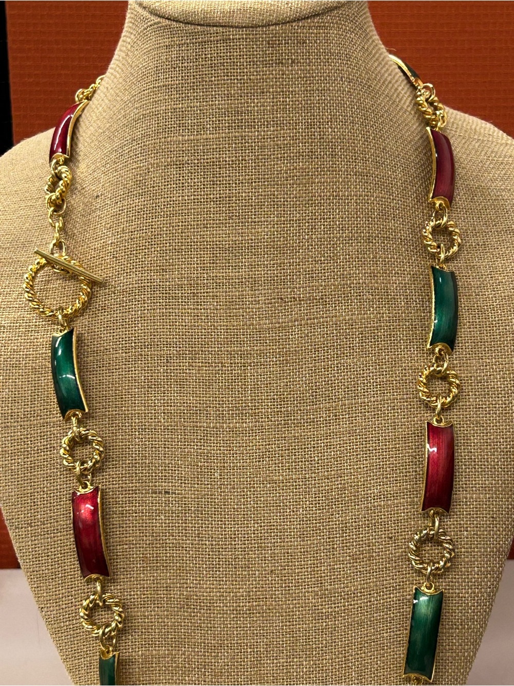 Gucci Vintage gold plated enameled green and red chain toggle belt/necklace
